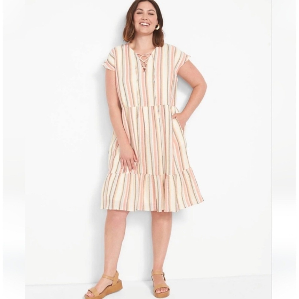 Lane Bryant Striped Tiered Boho Lace-Up Neck Casual Summer Sundress Sz 16